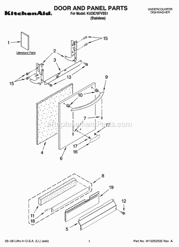 KitchenAid KUDE70FVSS1 Dishwasher Door and Panel Parts Diagram