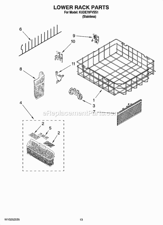 KitchenAid KUDE70FVSS1 Dishwasher Lower Rack Parts Diagram