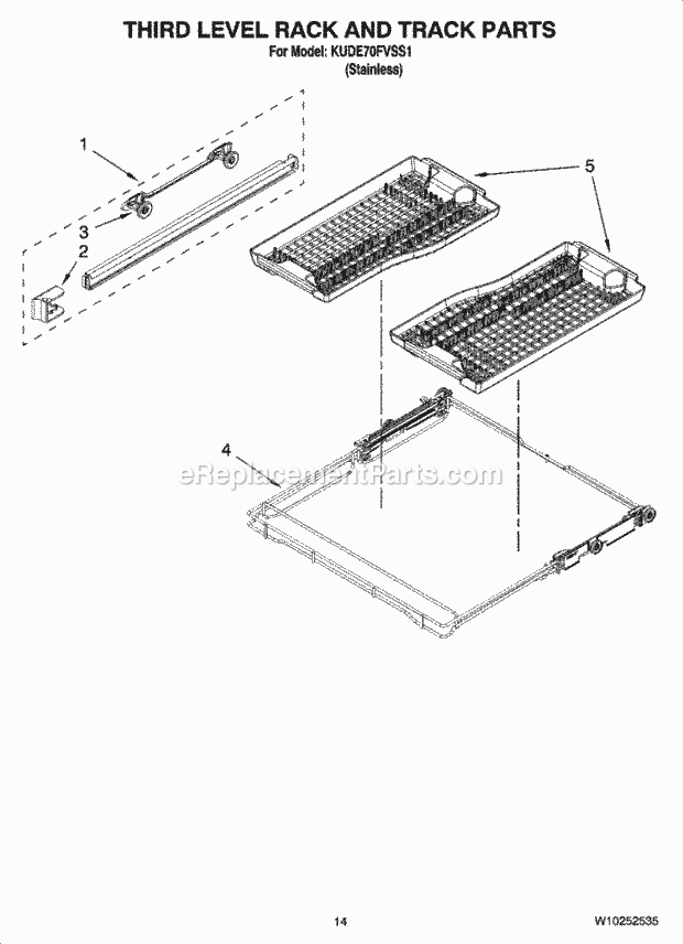 KitchenAid KUDE70FVSS1 Dishwasher Third Level Rack and Track Parts Diagram