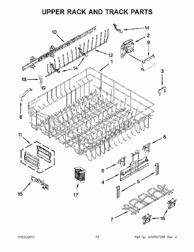 KitchenAid KUDE70FXBL5 Dishwasher Upper Rack and Track Parts Diagram