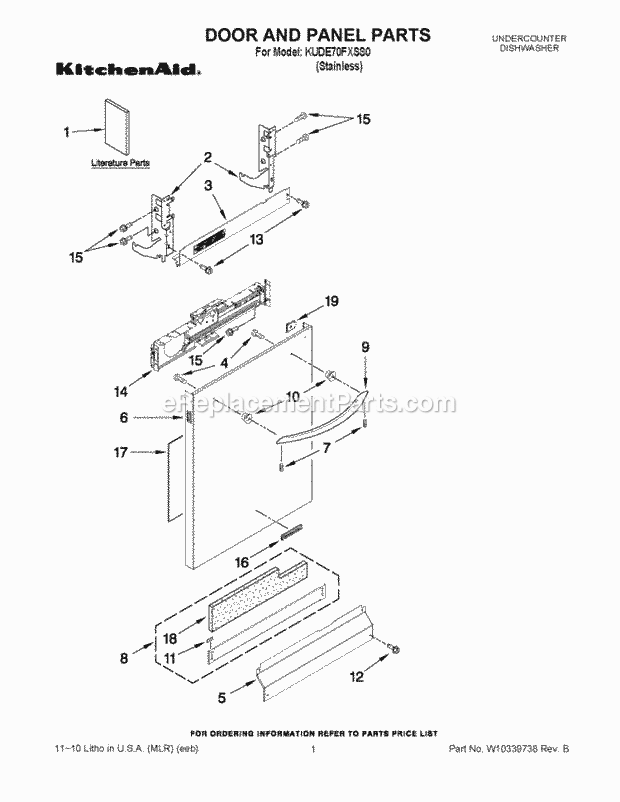 KitchenAid KUDE70FXSS0 Dishwasher Door and Panel Parts Diagram