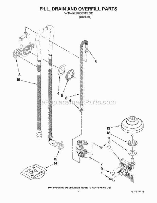 KitchenAid KUDE70FXSS0 Dishwasher Fill, Drain and Overfill Parts Diagram