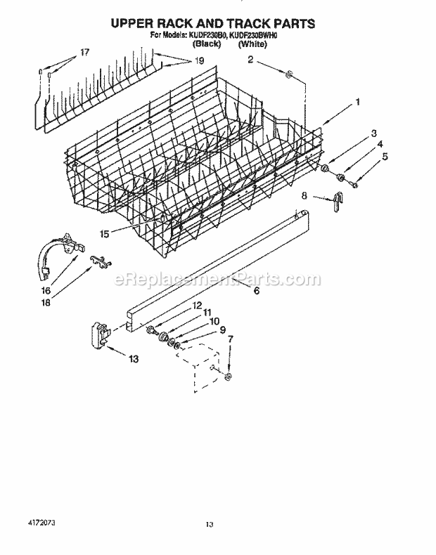 KitchenAid KUDF230BWH0 Dishwasher Upper Rack and Track Diagram