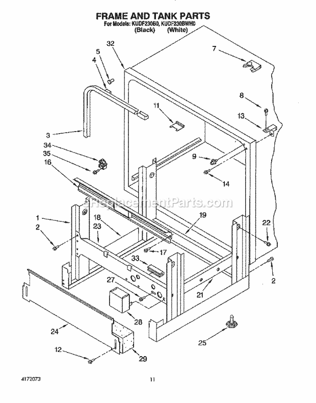 KitchenAid KUDF230BWH0 Dishwasher Frame and Tank Diagram