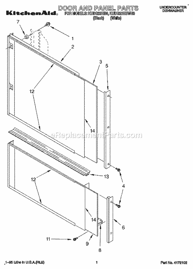 KitchenAid KUDG23HB0 Dishwasher Door and Panel Diagram