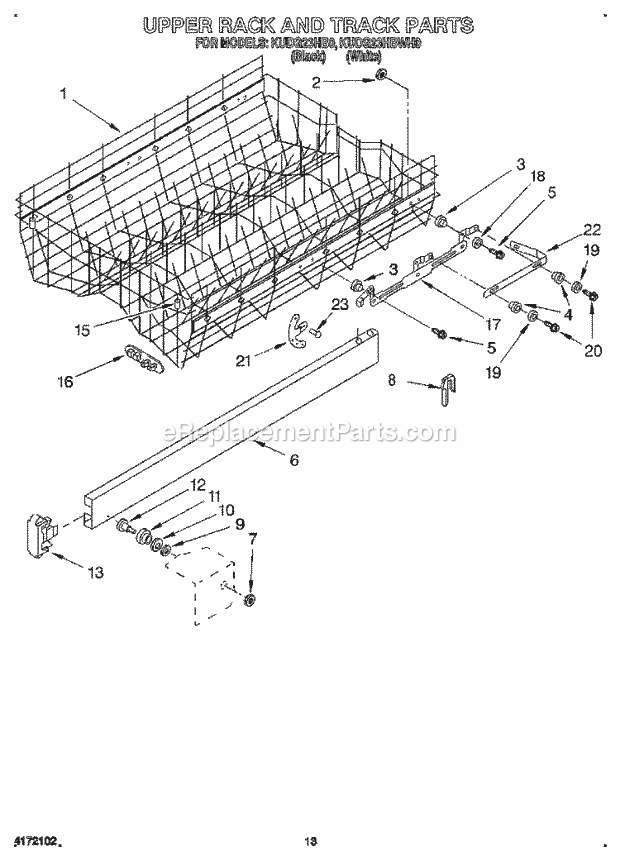 KitchenAid KUDG23HBWH0 Dishwasher Upper Rack and Track Diagram