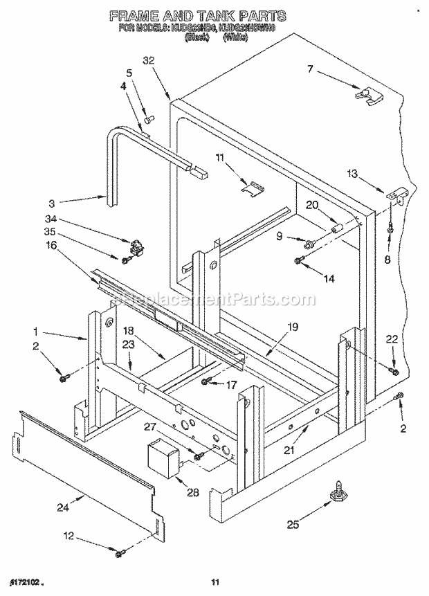 KitchenAid KUDG23HBWH0 Dishwasher Frame and Tank Diagram