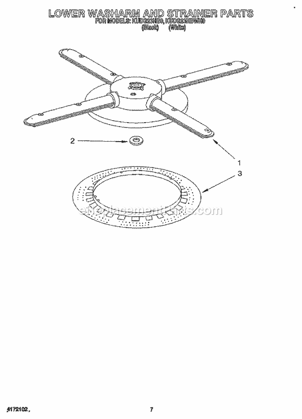 KitchenAid KUDG23HBWH0 Dishwasher Lower Washarm and Strainer Diagram