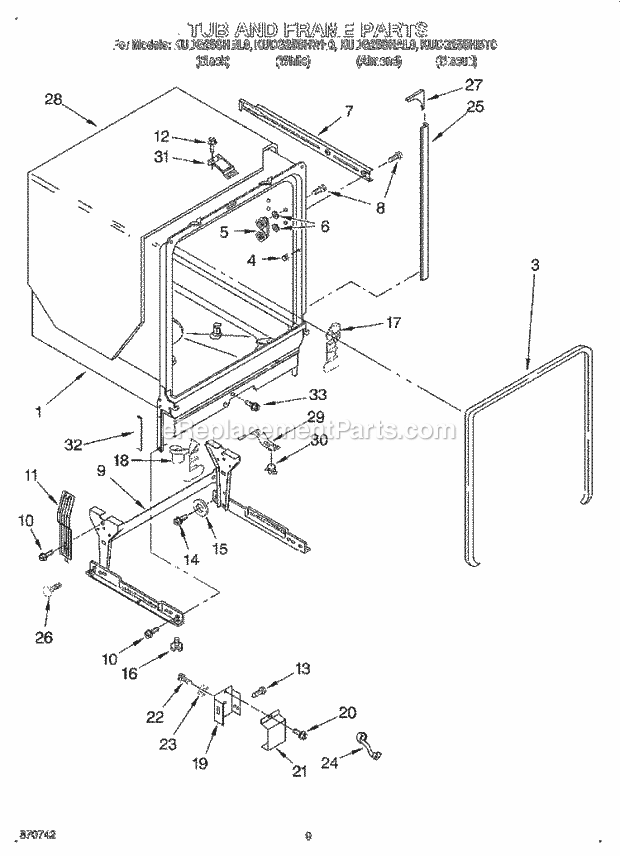 KitchenAid KUDG25SHAL0 Dishwasher Tub and Frame Diagram