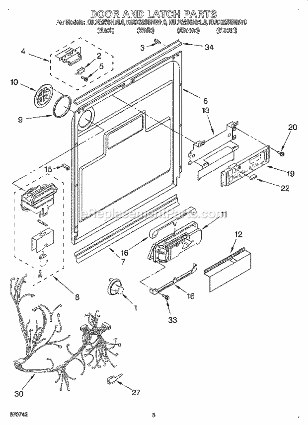 KitchenAid KUDG25SHAL0 Dishwasher Door and Latch Diagram