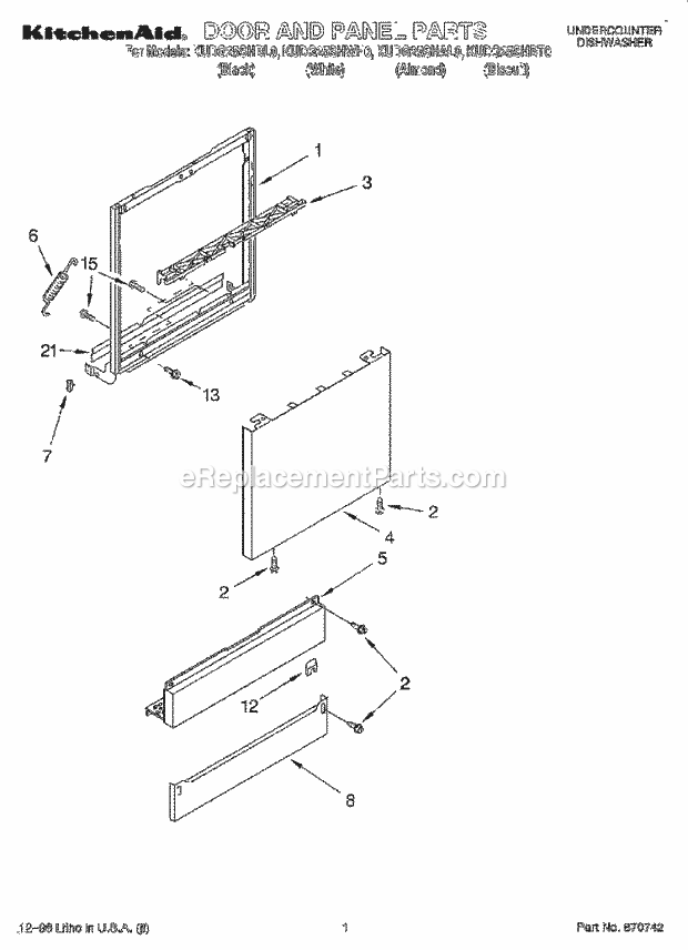 KitchenAid KUDG25SHAL0 Dishwasher Door and Panel Diagram