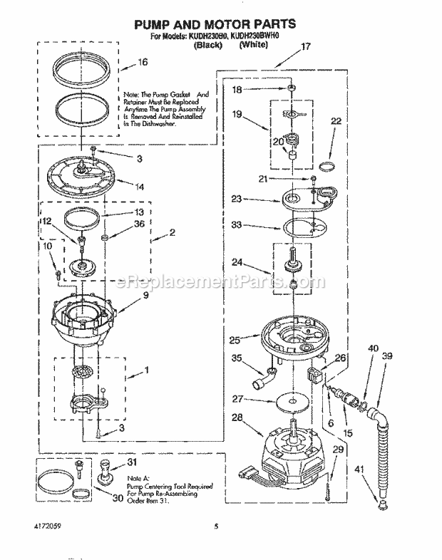 KitchenAid KUDH230B0 Dishwasher Pump and Motor Diagram