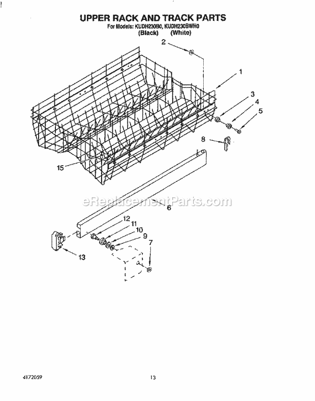 KitchenAid KUDH230B0 Dishwasher Upper Rack and Track Diagram