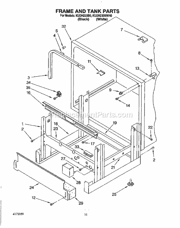 KitchenAid KUDH230B0 Dishwasher Frame and Tank Diagram