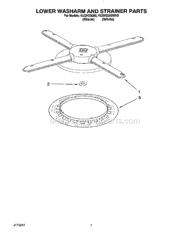 KitchenAid KUDH230B0 Dishwasher Lower Washarm and Strainer Diagram