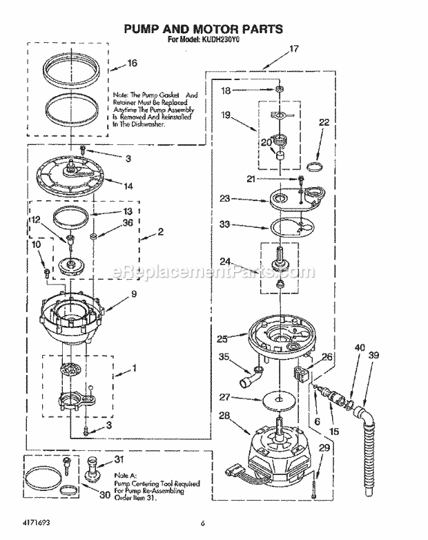 KitchenAid KUDH230Y0 Dishwasher Pump and Motor Diagram