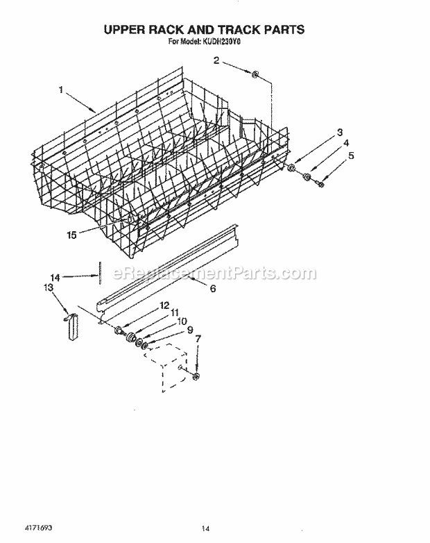 KitchenAid KUDH230Y0 Dishwasher Upper Rack and Track Diagram