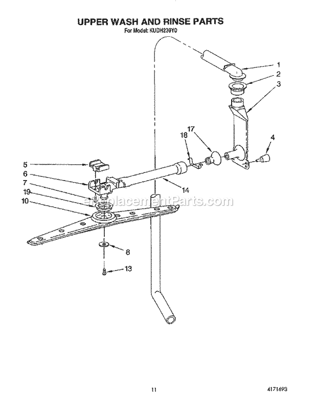 KitchenAid KUDH230Y0 Dishwasher Upper Wash and Rinse Diagram