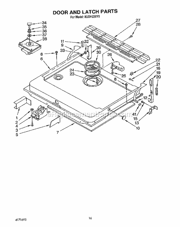 KitchenAid KUDH230Y0 Dishwasher Door and Latch Diagram