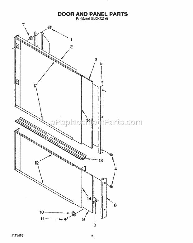 KitchenAid KUDH230Y0 Dishwasher Door and Panel Diagram