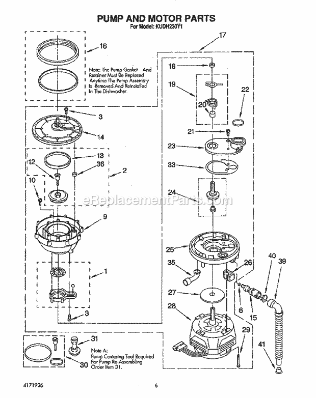 KitchenAid KUDH230Y1 Dishwasher Pump and Motor Diagram