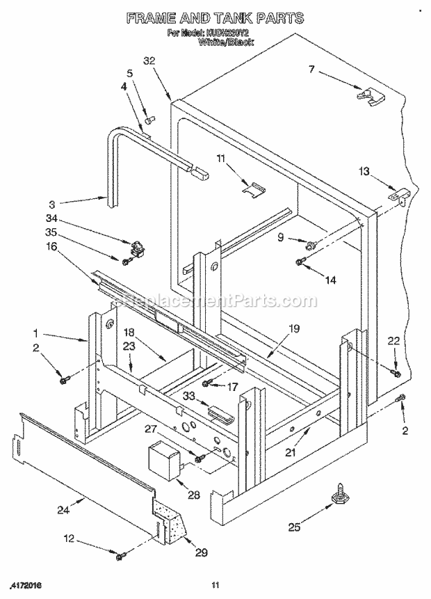 KitchenAid KUDH230Y2 Dishwasher Frame and Tank Diagram