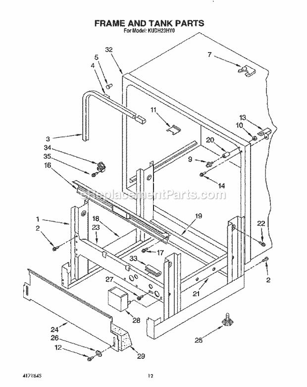 KitchenAid KUDH23HY0 Dishwasher Frame and Tank Diagram