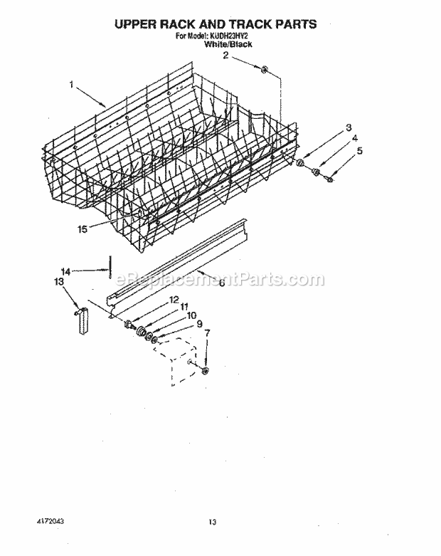 KitchenAid KUDH23HY2 Dishwasher Upper Rack and Track Diagram