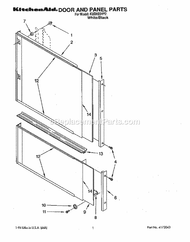 KitchenAid KUDH23HY2 Dishwasher Door and Panel Diagram