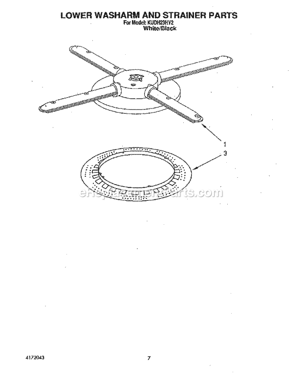 KitchenAid KUDH23HY2 Dishwasher Lower Washarm and Strainer Diagram