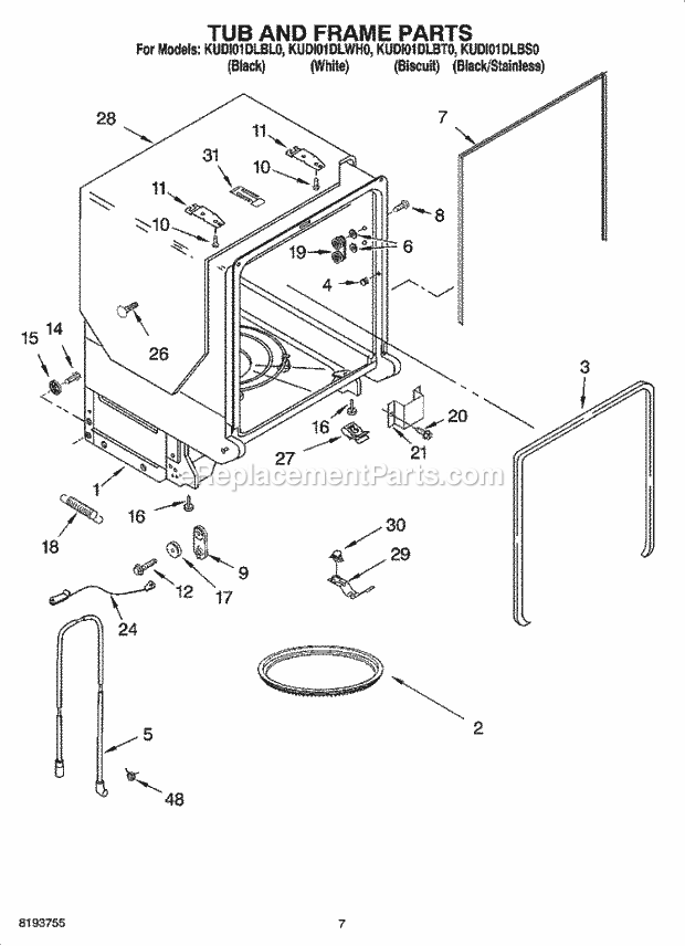 KitchenAid KUDI01DLBL0 Dishwasher Tub and Frame Parts Diagram