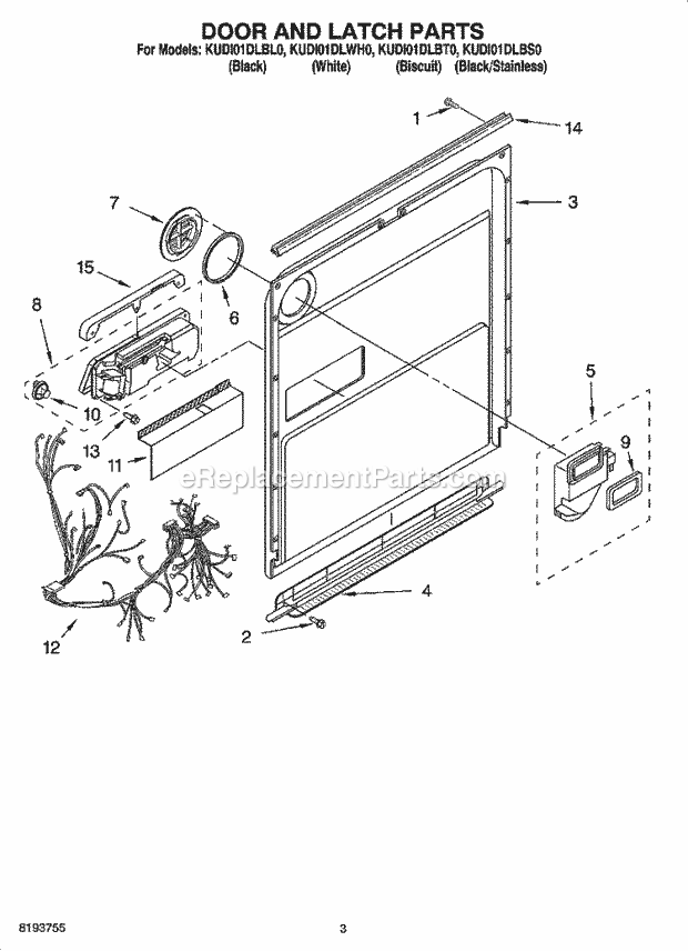 KitchenAid KUDI01DLBL0 Dishwasher Door and Latch Parts Diagram