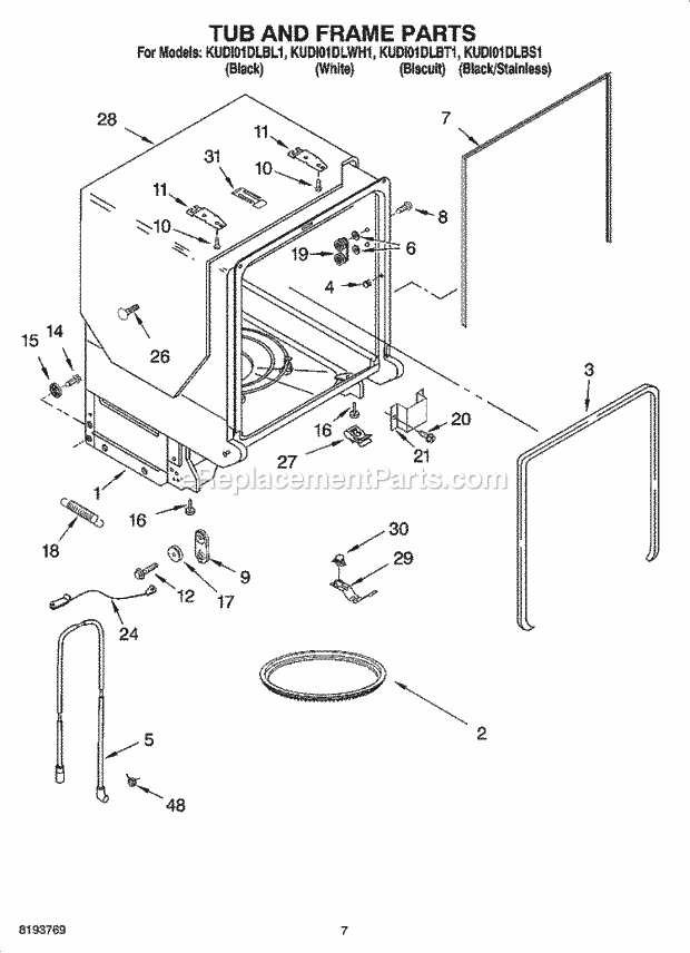 KitchenAid KUDI01DLBL1 Dishwasher Tub and Frame Parts Diagram