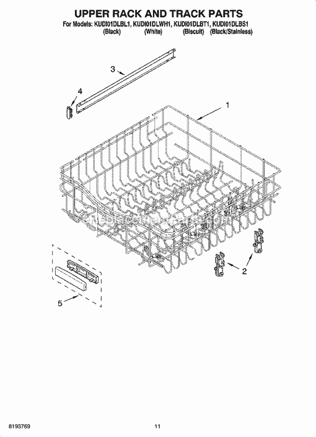 KitchenAid KUDI01DLBL1 Dishwasher Upper Rack and Track Parts Diagram