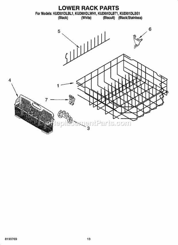 KitchenAid KUDI01DLBL1 Dishwasher Lower Rack Parts Diagram