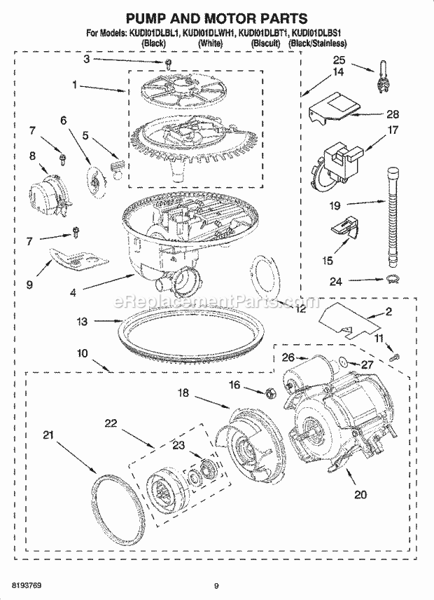 KitchenAid KUDI01DLBL1 Dishwasher Pump and Motor Parts Diagram