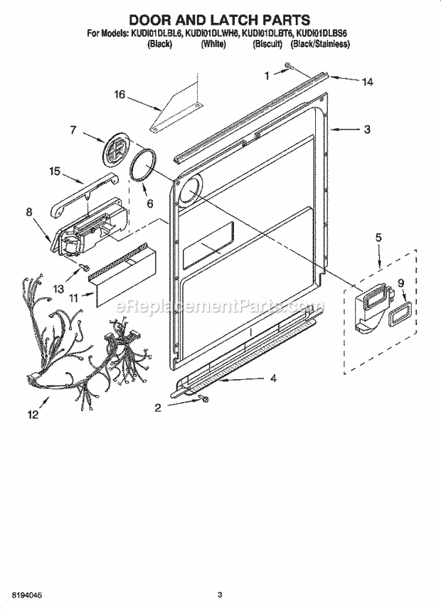 KitchenAid KUDI01DLBL6 Dishwasher Door and Latch Parts Diagram