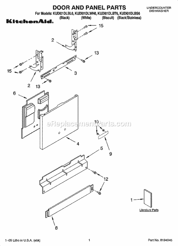 KitchenAid KUDI01DLBL6 Dishwasher Door and Panel Parts Diagram