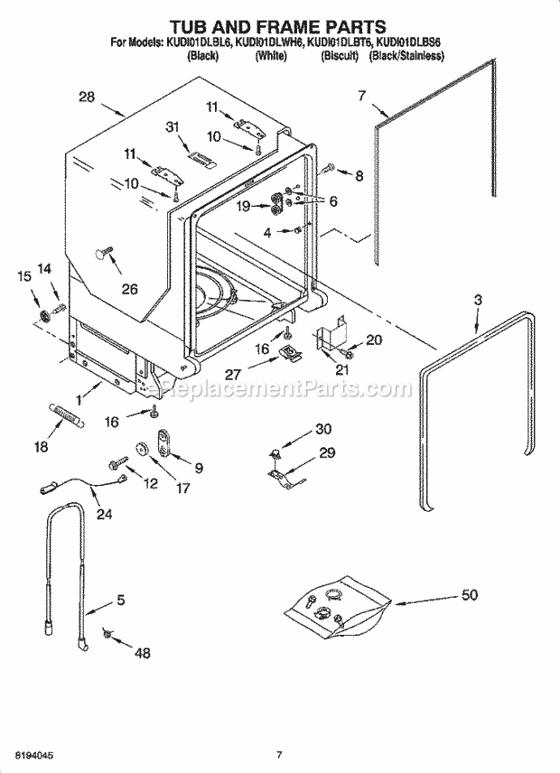 KitchenAid KUDI01DLBL6 Dishwasher Tub and Frame Parts Diagram