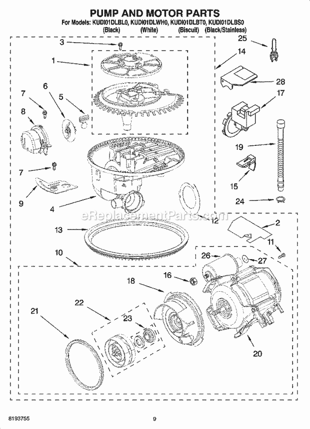 KitchenAid KUDI01DLBS0 Dishwasher Pump and Motor Parts Diagram