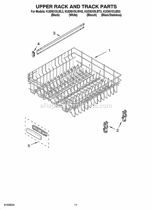 KitchenAid KUDI01DLBS3 Dishwasher Upper Rack and Track Parts Diagram