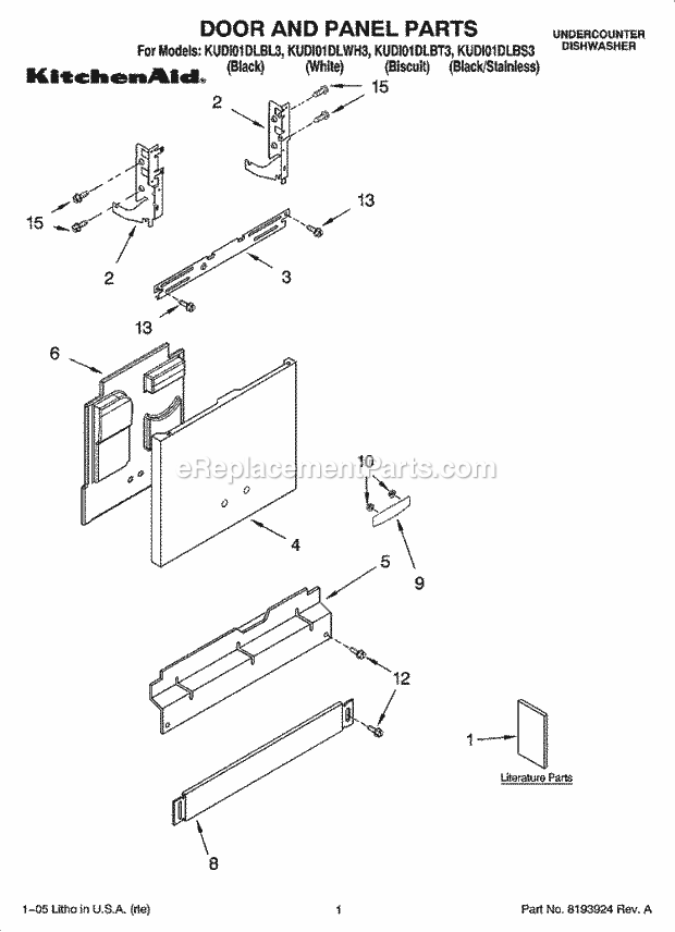 KitchenAid KUDI01DLBT3 Dishwasher Door and Panel Parts Diagram