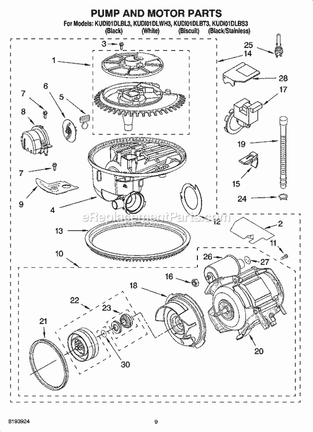 KitchenAid KUDI01DLBT3 Dishwasher Pump and Motor Parts Diagram