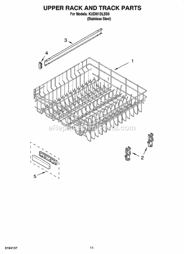 KitchenAid KUDI01DLSS6 Dishwasher Upper Rack and Track Parts Diagram