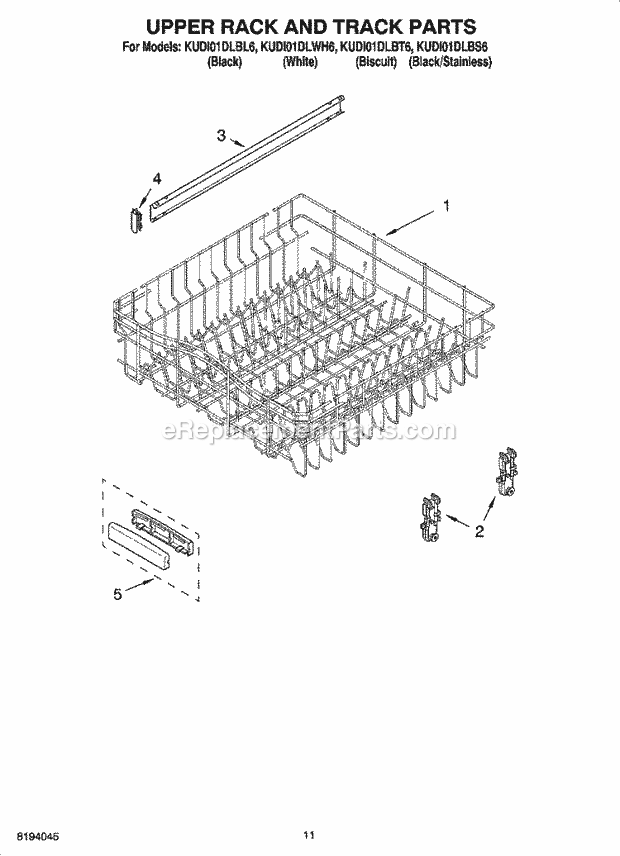 KitchenAid KUDI01DLWH6 Dishwasher Upper Rack and Track Parts Diagram