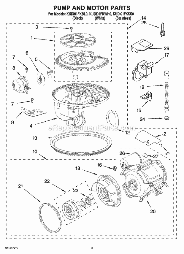 KitchenAid KUDI01FKBL0 Dishwasher Pump and Motor Parts Diagram