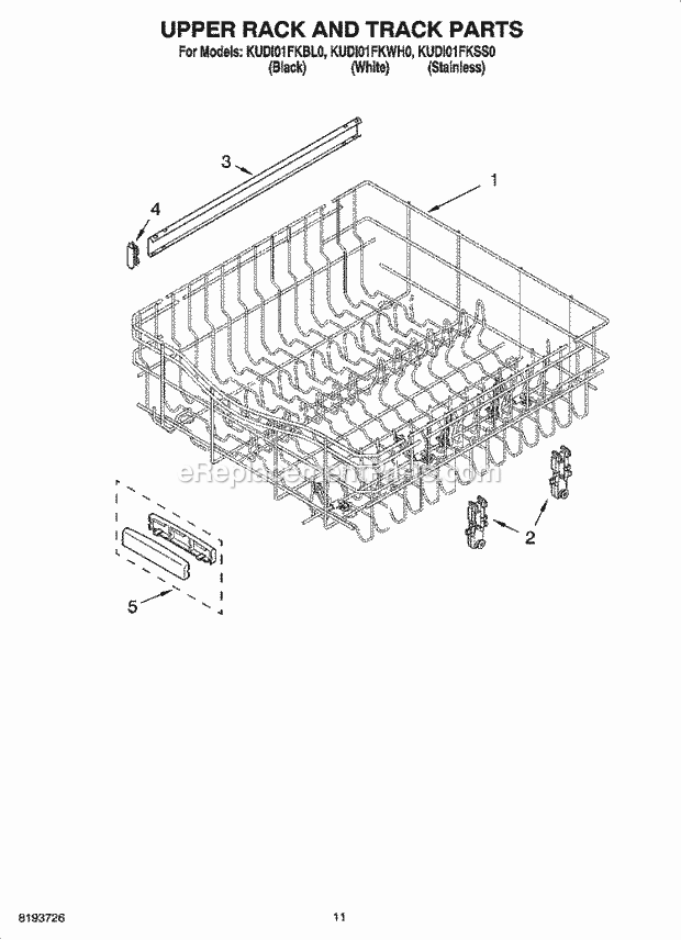 KitchenAid KUDI01FKWH0 Dishwasher Upper Rack and Track Parts Diagram