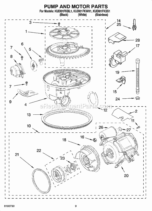 KitchenAid KUDI01FKWH1 Dishwasher Pump and Motor Parts Diagram