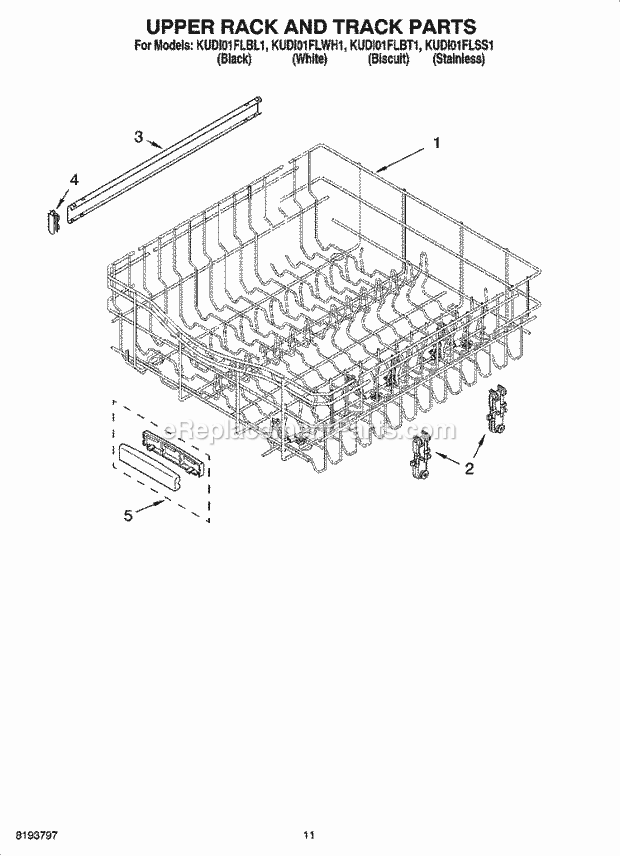 KitchenAid KUDI01FLBL1 Dishwasher Upper Rack and Track Parts Diagram