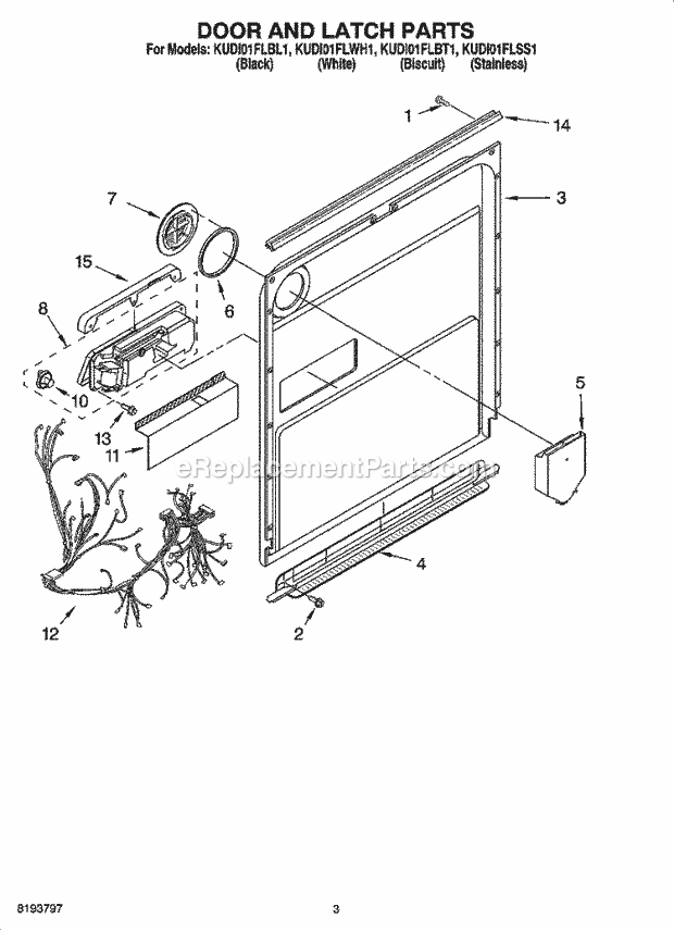 KitchenAid KUDI01FLBL1 Dishwasher Door and Latch Parts Diagram